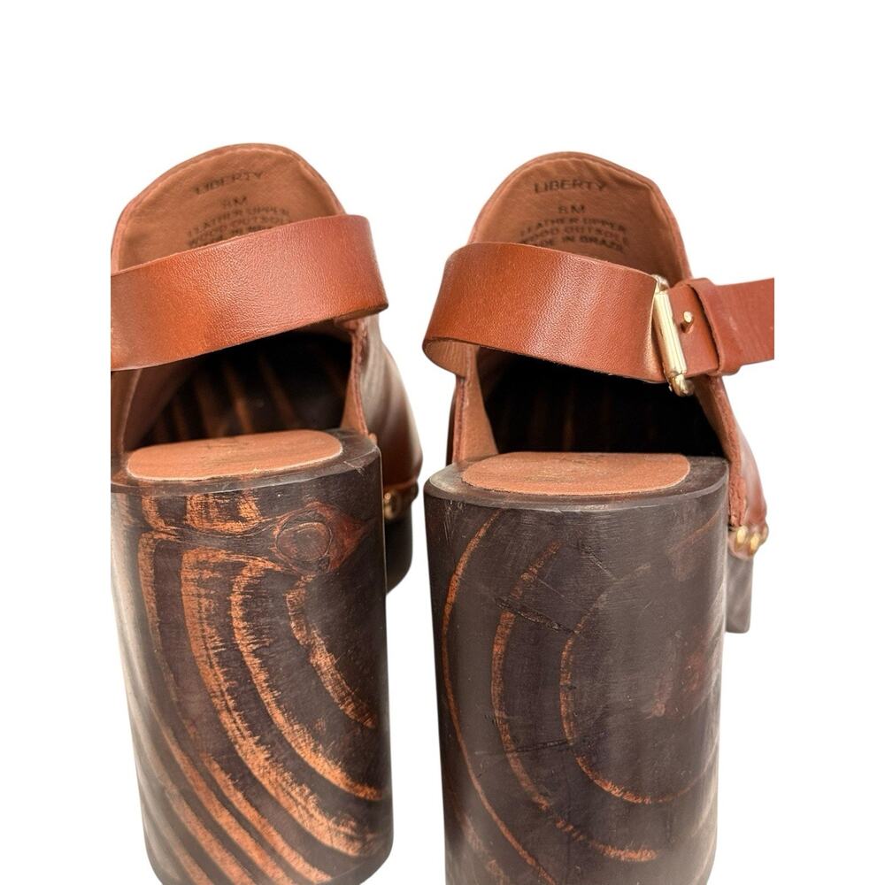 Matisse Brown Leather Platform Clogs LIBERTY Gold Studded Wood Heel Mule Size 8M - Picture 11 of 13